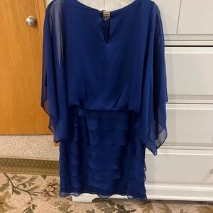 London Times Blue Sheath Dress with V-Neck and Dolman Sleeves